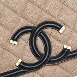 Pre Owned Chanel Beige/Black Caviar Leather CC Filigree Flap Bag