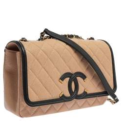 Pre Owned Chanel Beige/Black Caviar Leather CC Filigree Flap Bag