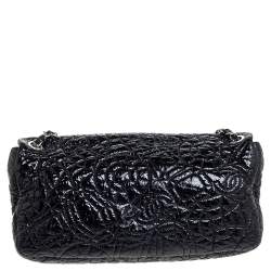 Pre Owned Chanel Black Camellia Embossed Patent Leather Classic Single Flap Bag