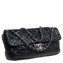 Pre Owned Chanel Black Camellia Embossed Patent Leather Classic Single Flap Bag
