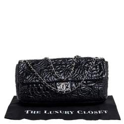 Pre Owned Chanel Black Camellia Embossed Patent Leather Classic Single Flap Bag