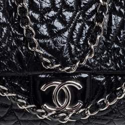 Pre Owned Chanel Black Camellia Embossed Patent Leather Classic Single Flap Bag