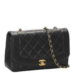 Pre Owned Chanel Black Lambskin Leather Vintage Diana Flap Bag