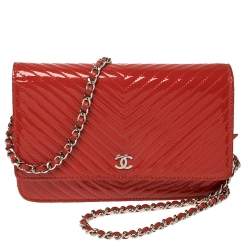 Chanel Red Chevron Patent Leather Classic WOC Clutch Bag