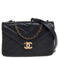 Chanel Black Chevron Leather Coco Envelope Flap Shoulder Bag Chanel
