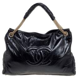 Pre Owned Chanel Black Crinkled Soft Patent Leather CC Chain Hobo 