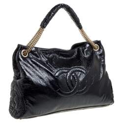 Pre Owned Chanel Black Crinkled Soft Patent Leather CC Chain Hobo 