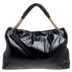Pre Owned Chanel Black Crinkled Soft Patent Leather CC Chain Hobo 