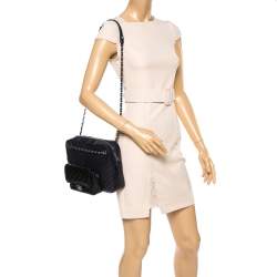 Pre Owned Chanel Navy Blue/Black Quilted And Chevron Leather Metiers d'art Camera Bag