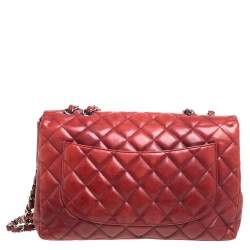 Pre Owned Chanel Red Quilted Leather Jumbo Classic Single Flap Shoulder Bag