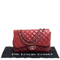 Pre Owned Chanel Red Quilted Leather Jumbo Classic Single Flap Shoulder Bag