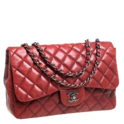 Pre Owned Chanel Red Quilted Leather Jumbo Classic Single Flap Shoulder Bag