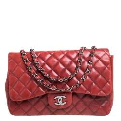 Pre Owned Chanel Red Quilted Leather Jumbo Classic Single Flap Shoulder Bag