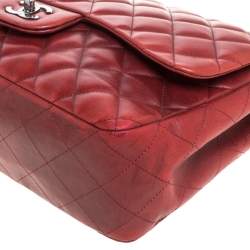 Pre Owned Chanel Red Quilted Leather Jumbo Classic Single Flap Shoulder Bag