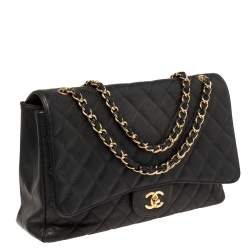 Pre Owned Chanel Black Quilted Caviar Leather Maxi Classic Single Flap Bag