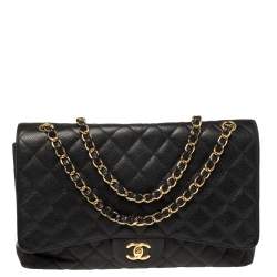 Pre Owned Chanel Black Quilted Caviar Leather Maxi Classic Single Flap Bag