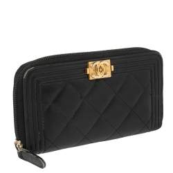 Chanel Black Quilted Leather Boy Zip Around Wallet