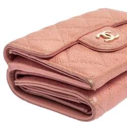 Chanel Pink Caviar Quilted Leather Trifold Flap Wallet