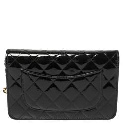 Chanel Black Quilted Patent Leather Reissue Wallet On Chain