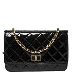 Chanel Black Quilted Patent Leather Reissue Wallet On Chain