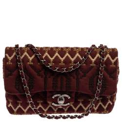 Pre Owned Chanel Multicolor Embroidered Jersey Jumbo Classic Single Flap Bag