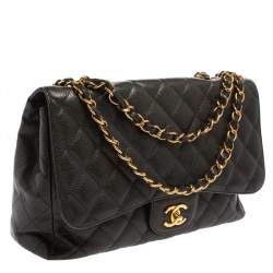 Pre Owned Chanel Black Quilted Caviar Leather Jumbo Classic Single Flap Bag