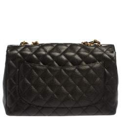 Pre Owned Chanel Black Quilted Caviar Leather Jumbo Classic Single Flap Bag