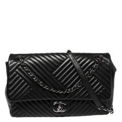 Chanel Black Chevron Quilted Leather Large CC Crossing Flap Bag