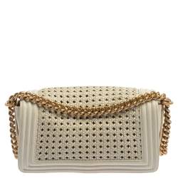 مملوكة مسبقًا Chanel White Leather Medium Boy Braided Flap Bag