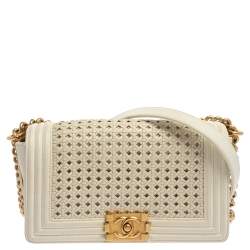 مملوكة مسبقًا Chanel White Leather Medium Boy Braided Flap Bag
