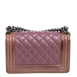 Pre Owned Chanel Pink/Brown Quilted Patent and Leather Small Boy Flap Bag