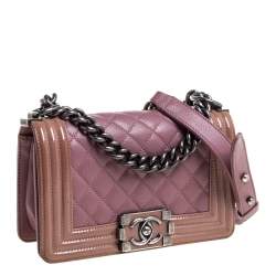 Pre Owned Chanel Pink/Brown Quilted Patent and Leather Small Boy Flap Bag