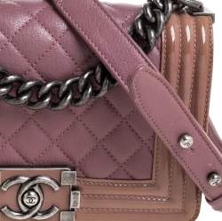 Pre Owned Chanel Pink/Brown Quilted Patent and Leather Small Boy Flap Bag
