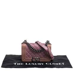 Pre Owned Chanel Pink/Brown Quilted Patent and Leather Small Boy Flap Bag