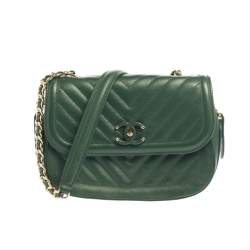 Pre Owned Chanel Green Chevron Quilted Leather Covered CC Flap Bag