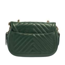 Pre Owned Chanel Green Chevron Quilted Leather Covered CC Flap Bag