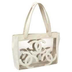 Pre Owned حقيبة يد شانيل CC تريبل متوسطة جلد لامعة و PVC وردية فاتحة