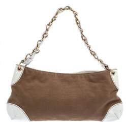 Pre Owned حقيبة شانيل باغيت كانفاس وجلد سي سي أبيض/ كاكي بسلسلة