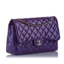 Pre Owned Chanel Purple Caviar Leather Classic Jumbo Double Flap Bag