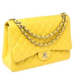Pre Owned Chanel Yellow Quilted Leather Maxi Classic Single Flap Bag