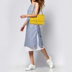 Pre Owned Chanel Yellow Quilted Leather Maxi Classic Single Flap Bag