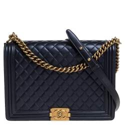 Chanel Navy Blue Quilted Leather Large Boy Flap Bag