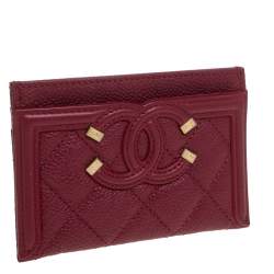 Chanel Red Quilted Caviar Leather CC Filigree Card Holder 
