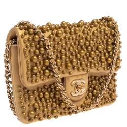 Pre Owned Chanel Gold Leather Pearl Wallet on Chain
