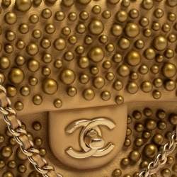 Pre Owned Chanel Gold Leather Pearl Wallet on Chain