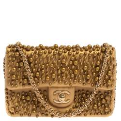 Pre Owned Chanel Gold Leather Pearl Wallet on Chain