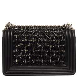مملوكة مسبقًا Chanel Black Quilted Leather and Tweed Small Boy Flap Bag