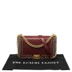 Pre Owned حقيبة شانيل جاكيت بوي جلد مبطن عنابي وحواف تويد متوسطة بقلاب 