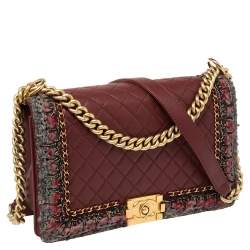 Pre Owned حقيبة شانيل جاكيت بوي جلد مبطن عنابي وحواف تويد متوسطة بقلاب 