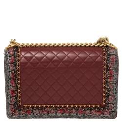 Pre Owned حقيبة شانيل جاكيت بوي جلد مبطن عنابي وحواف تويد متوسطة بقلاب 